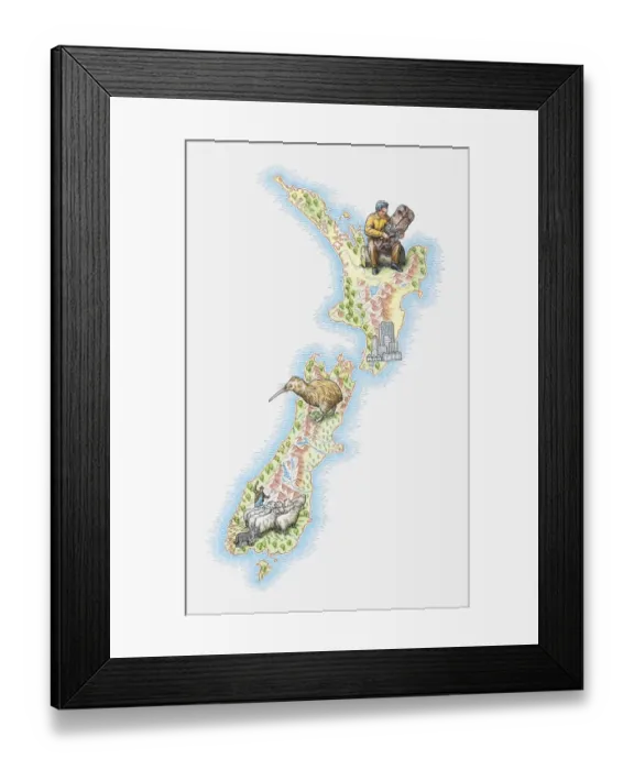 Framed Print : Illustrated map of New Zealand Framed Print : Illustrated map of New Zealand