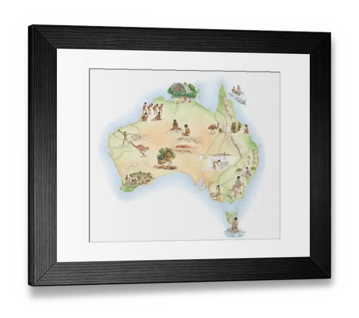 Framed Print : Illustrated map of Australia showing wildlife and Aborigine population Framed Print : Illustrated map of Australia showing wildlife and Aborigine population