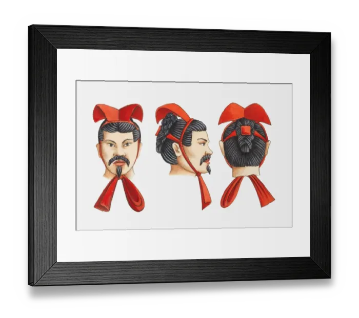 Framed Print : Illustration of Terracotta Army warriors headdress, front, side and rear views Framed Print : Illustration of Terracotta Army warriors headdress, front, side and rear views