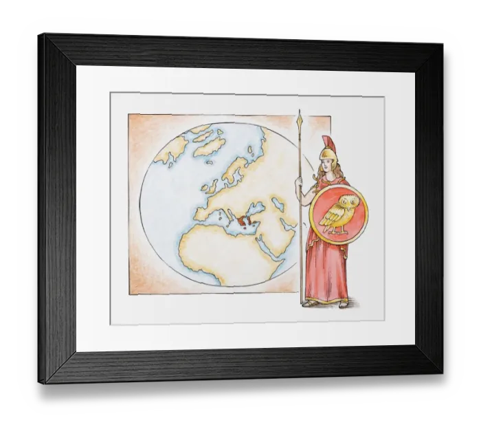 Framed Print : Illustration of Athena in front of map highlighting territory of ancient Greece Framed Print : Illustration of Athena in front of map highlighting territory of ancient Greece