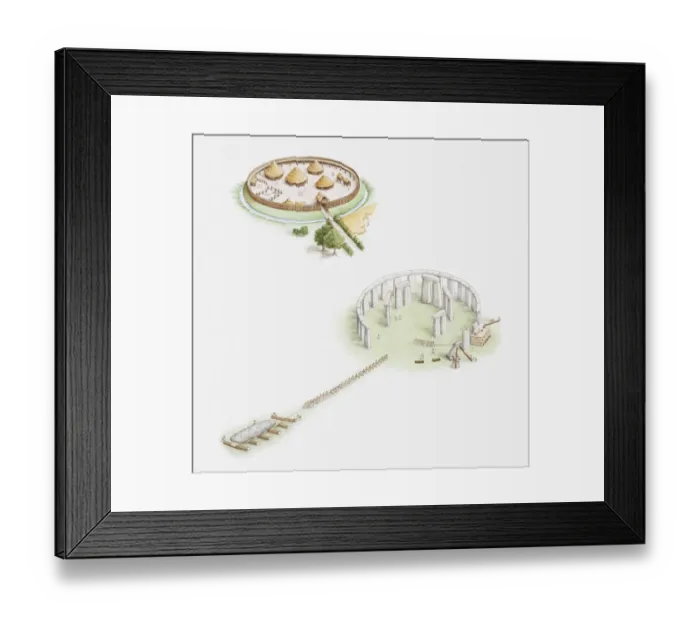 Framed Print : Illustration of early European village protected by palisade, and another illustration showing construction of stone circle at Stonehenge Framed Print : Illustration of early European village protected by palisade, and another illustration showing construction of stone circle at Stonehenge