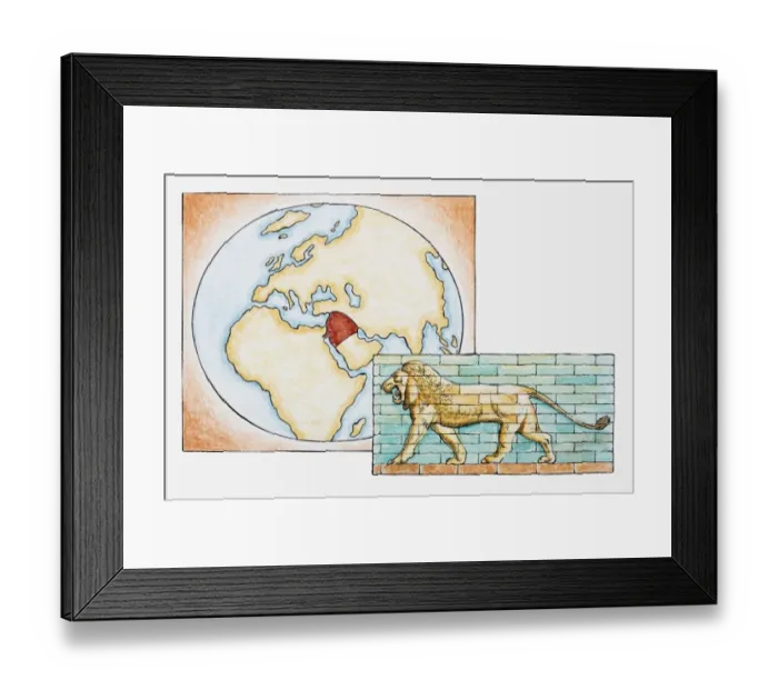 Framed Print : Illustration of lion in front of map highlighting territory of ancient Babylon Framed Print : Illustration of lion in front of map highlighting territory of ancient Babylon