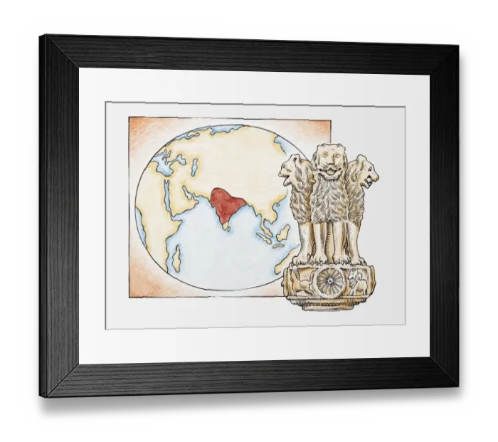 Framed Print : Illustration of lions statue in front of a map with India highlighted Framed Print : Illustration of lions statue in front of a map with India highlighted