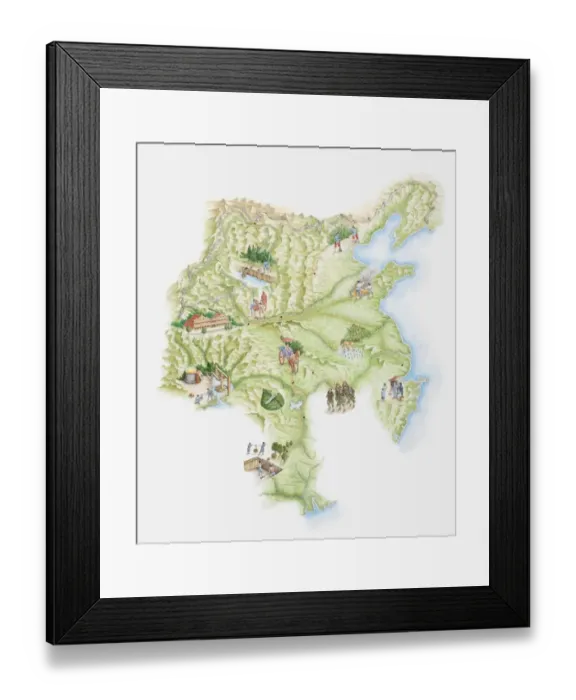 Framed Print : Illustrated map of ancient Chinese empire showing monuments, workers and warriors Framed Print : Illustrated map of ancient Chinese empire showing monuments, workers and warriors