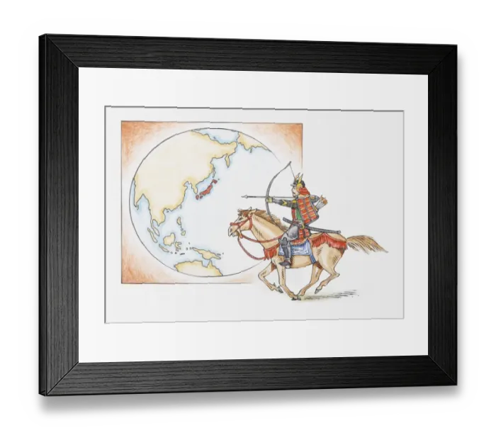 Framed Print : Illustration of early Samurai warrior on horseback in front of a map highlighting Japan