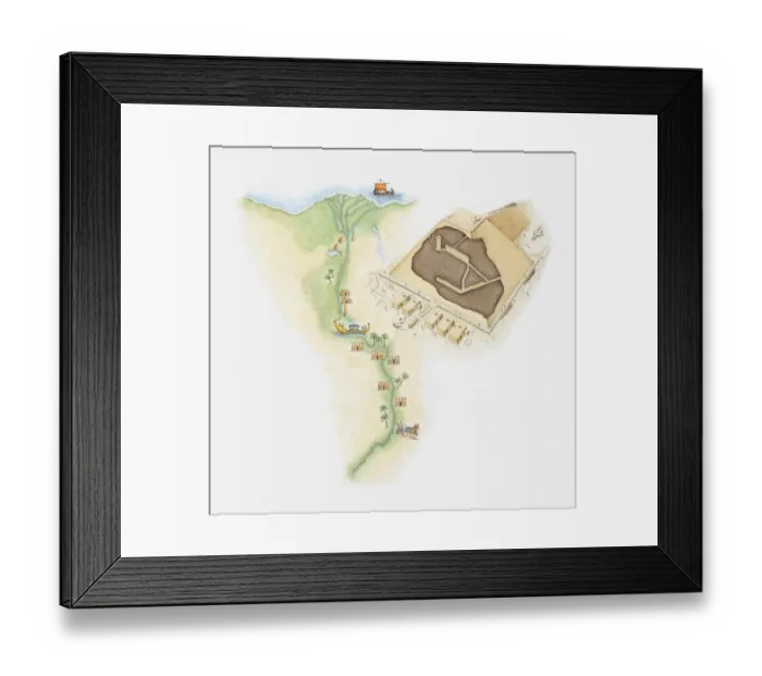 Framed Print : Illustrated map of Egypt showing position of pyramids and rock tombs along River Nile, next to a model of a pyramid Framed Print : Illustrated map of Egypt showing position of pyramids and rock tombs along River Nile, next to a model of a pyramid