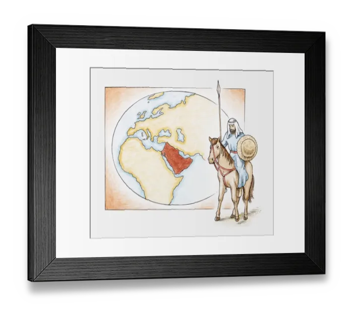 Framed Print : Illustration of an Arab man on horseback in front of a map of ancient Arabia Framed Print : Illustration of an Arab man on horseback in front of a map of ancient Arabia