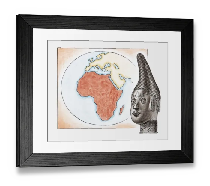 Framed Print : Illustration of head of Queen Mother of Benin (Iyoba) in front of map of Africa Framed Print : Illustration of head of Queen Mother of Benin (Iyoba) in front of map of Africa