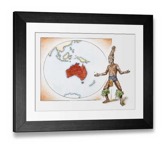 Framed Print : Illustration of Aboriginal tribesman in front of a map of Australia Framed Print : Illustration of Aboriginal tribesman in front of a map of Australia