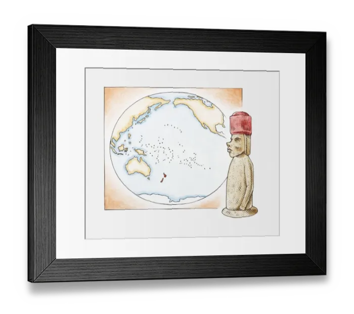 Framed Print : Illustration of Easter Island stone statue in front of a map highlighting Polynesian islands and New Zealand Framed Print : Illustration of Easter Island stone statue in front of a map highlighting Polynesian islands and New Zealand