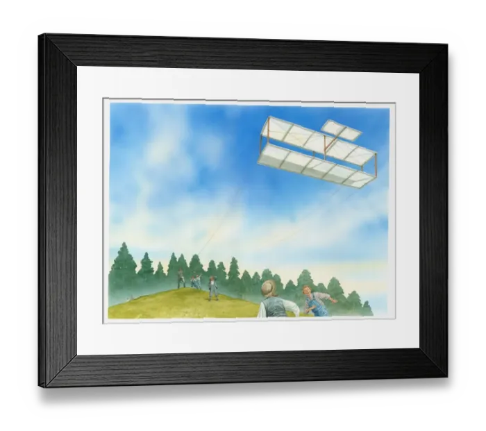 Framed Print : Illustration of Wilbur Wright flying a large biplane kite Framed Print : Illustration of Wilbur Wright flying a large biplane kite