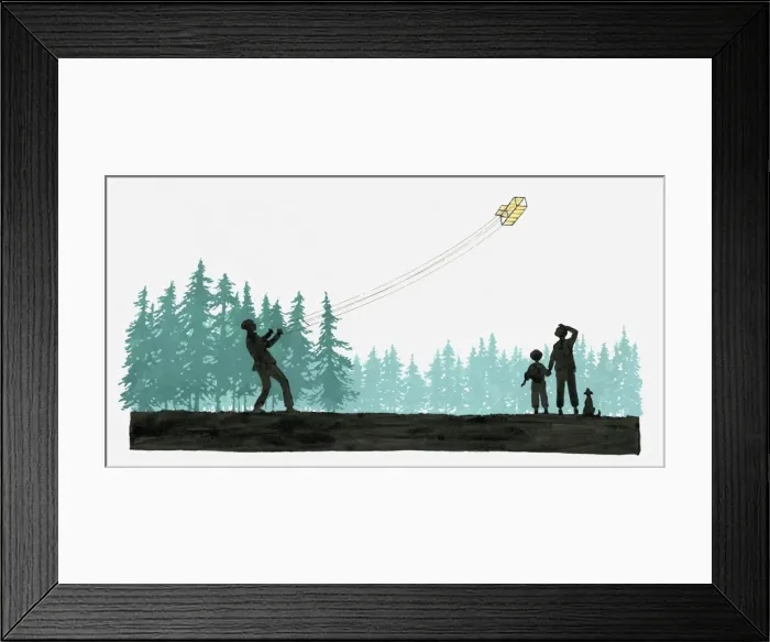 Framed Print : Illustration of man flying bi-plane kite