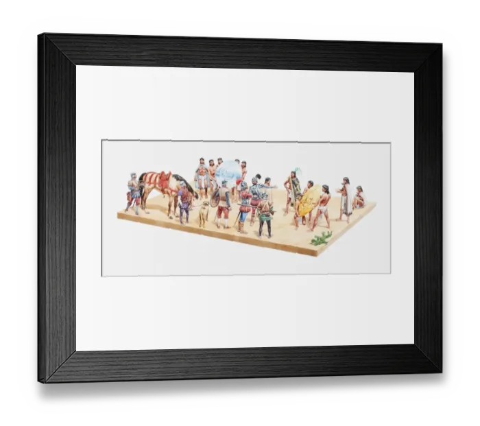 Framed Print : Illustration of Aztecs greeting the Spanish conquistadors, giving them gold and other gifts from Moctezuma, 1519 Framed Print : Illustration of Aztecs greeting the Spanish conquistadors, giving them gold and other gifts from Moctezuma, 1519