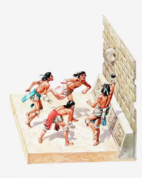 Illustration of Aztec game of Tlachtli on tlachco court