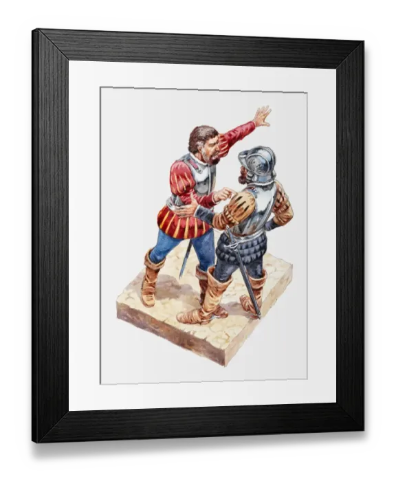 Framed Print : Illustration of Cortes and his captain Pedro de Alvarado during a confrontation Framed Print : Illustration of Cortes and his captain Pedro de Alvarado during a confrontation