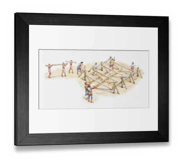 Framed Print : Illustration of Cortes watching craftsmen constructing hull of ship and Aztec slaves carrying wood Framed Print : Illustration of Cortes watching craftsmen constructing hull of ship and Aztec slaves carrying wood