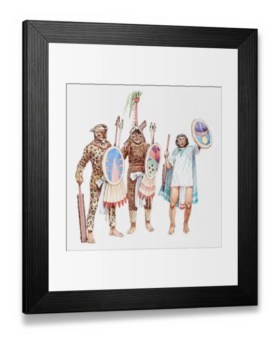 Framed Print : Illustration of Jaguar warriors and Aztec soldier holding shields and spears Framed Print : Illustration of Jaguar warriors and Aztec soldier holding shields and spears