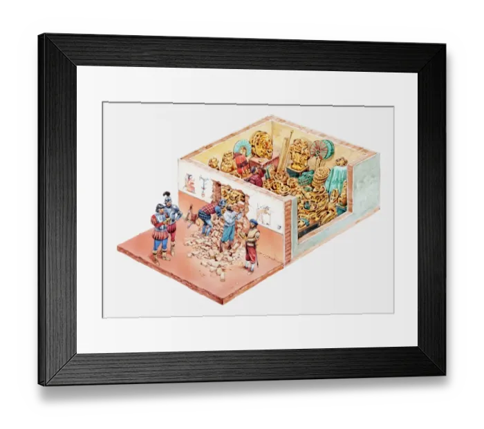 Framed Print : Illustration of Spanish conquistadors looting Aztec treasure hidden inside house Framed Print : Illustration of Spanish conquistadors looting Aztec treasure hidden inside house