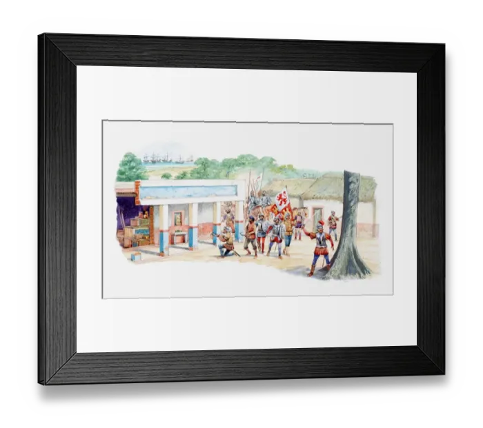 Framed Print : Illustration of Spanish conquistadors claiming Aztec village Framed Print : Illustration of Spanish conquistadors claiming Aztec village