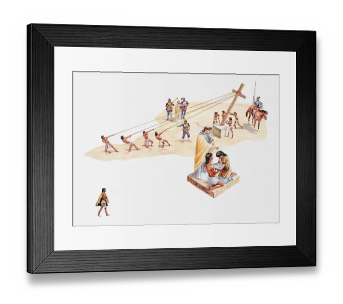 Framed Print : Illustration of Aztecs slaves raising crosses and being baptised by Christian priest Framed Print : Illustration of Aztecs slaves raising crosses and being baptised by Christian priest
