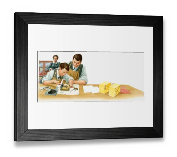 Framed Print : Illustration of the Wright Brothers printing with woodcut printing block Framed Print : Illustration of the Wright Brothers printing with woodcut printing block