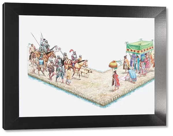 Illustration of Axzecs welcome conquistadors as Moctezuma walks beneath canopy to greet the Spaniards at Tenochtitlan