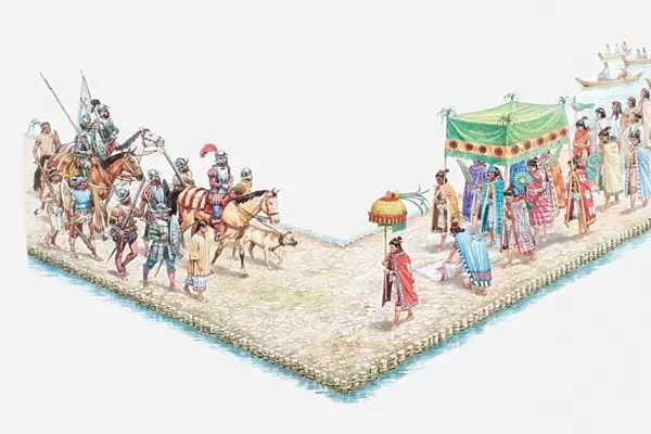 Illustration of Axzecs welcome conquistadors as Moctezuma walks beneath canopy to greet the Spaniards at Tenochtitlan