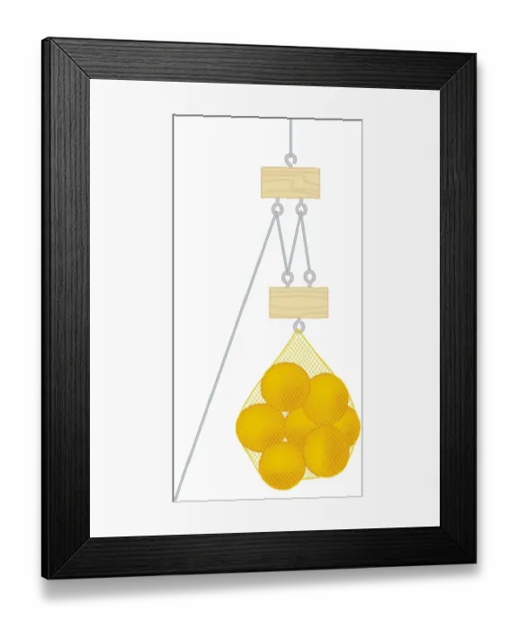 Framed Print : Digital illustration of net bag of oranges suspended from pulley system Framed Print : Digital illustration of net bag of oranges suspended from pulley system