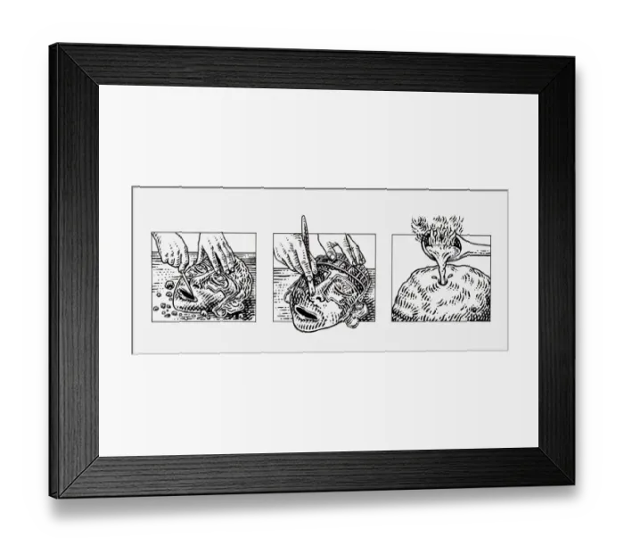 Framed Print : Series of black and white illustration of how Aztec masks were made using gold