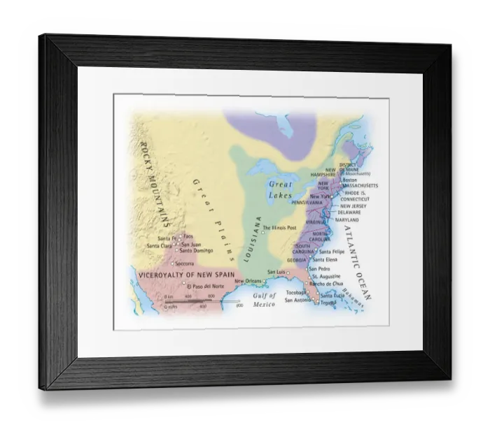 Framed Print : Digital illustration of map showing 15th century European colonization of the Americas