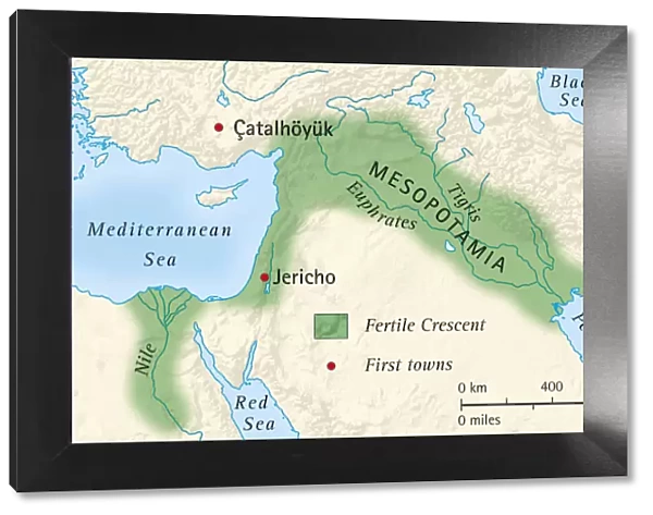 Digital illustration of the fertile crescent of Mesopotamia and Egypt and location of first towns