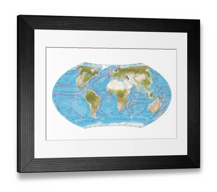 Framed Print : Digital illustration of world map showing ocean currents Framed Print : Digital illustration of world map showing ocean currents