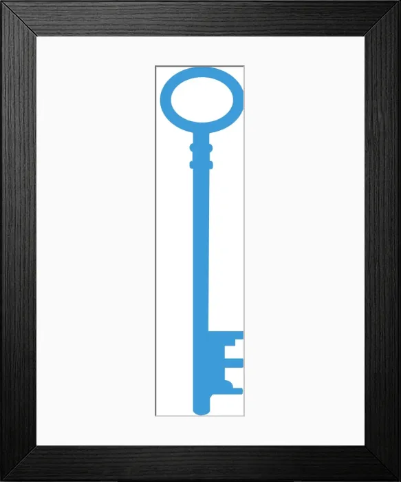 Framed Print : Digital illustration of old fashioned blue key on white background Framed Print : Digital illustration of old fashioned blue key on white background