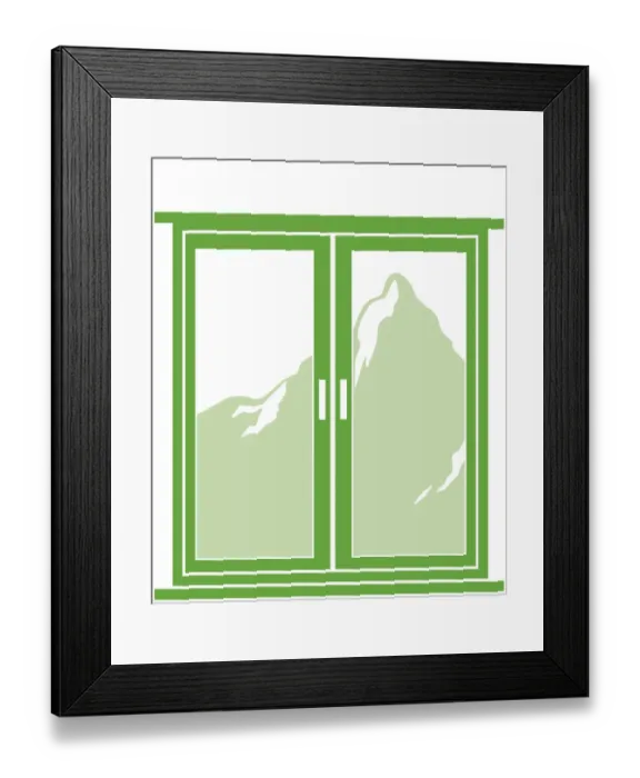 Framed Print : Digital illustration of mountain seen through closed window on white background