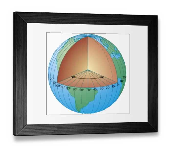 Framed Print : Digital cross section illustration of showing the lines of longitude measured from the centre of the Earth Framed Print : Digital cross section illustration of showing the lines of longitude measured from the centre of the Earth