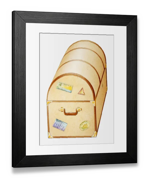 Framed Print : Illustration of chest with travel stickers on end Framed Print : Illustration of chest with travel stickers on end