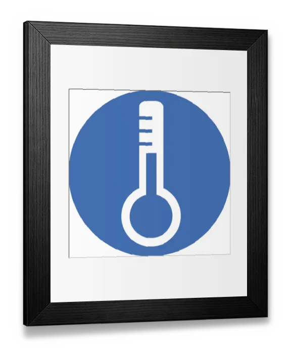 Framed Print : Digital illustration of white thermometer in blue circle on white background