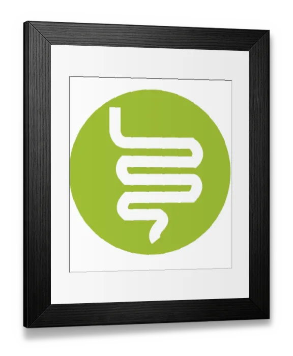 Framed Print : Digital illustration representing human intestine in green circle on white background