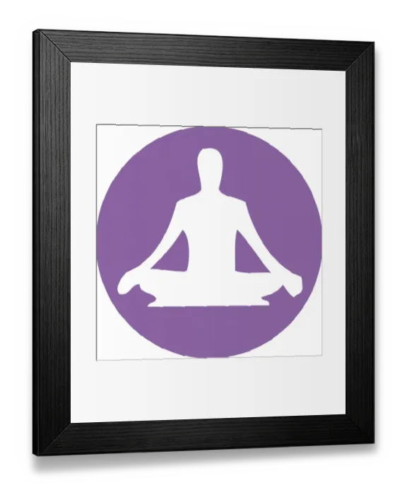 Framed Print : Digital illustration of yoga lotus position in purple circle on white background
