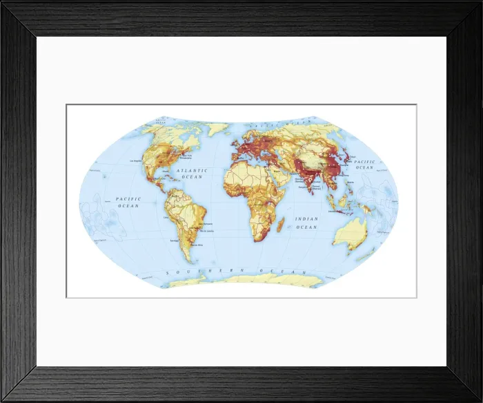 Framed Print : Digital illustration of map showing world population areas Framed Print : Digital illustration of map showing world population areas