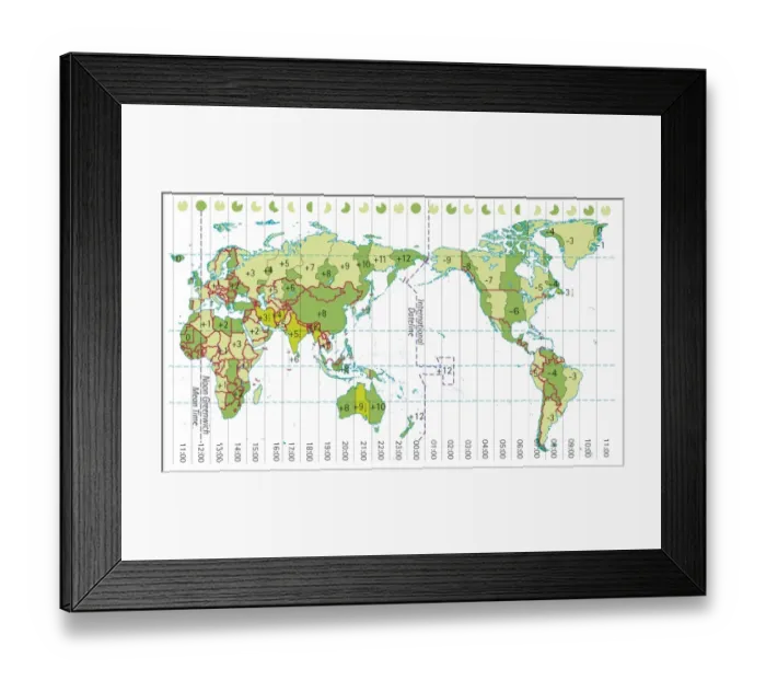 Framed Print : Digital illustration of world map showing time zones Framed Print : Digital illustration of world map showing time zones