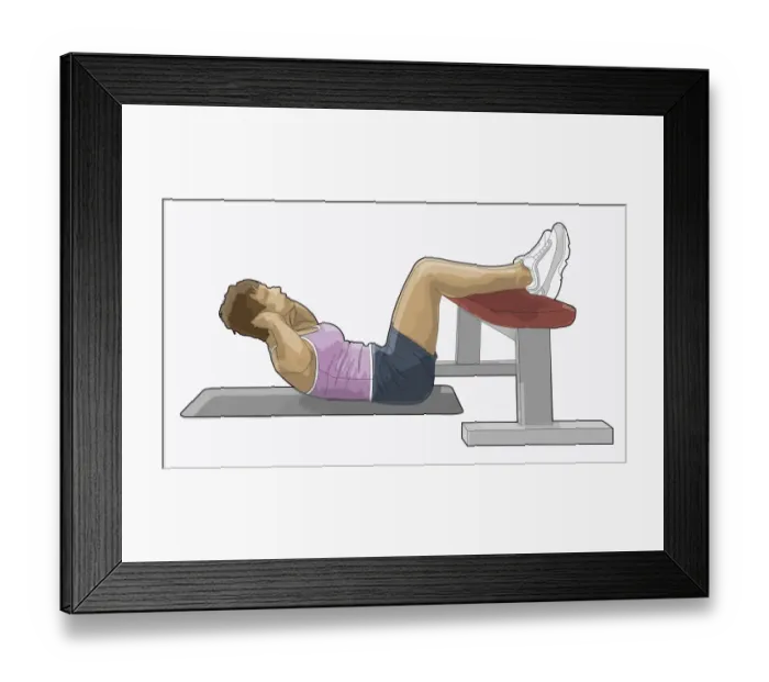 Framed Print : Illustration of woman performing sit-ups with hands behind head and feet on bench Framed Print : Illustration of woman performing sit-ups with hands behind head and feet on bench