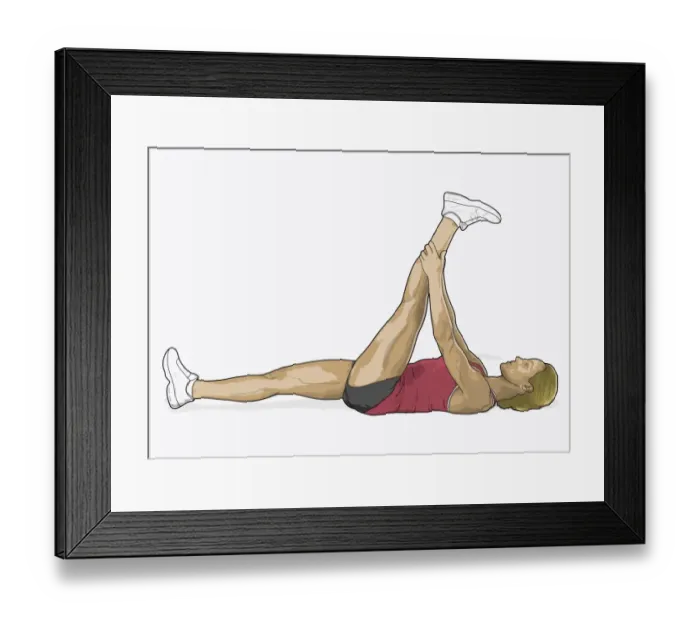 Framed Print : Illustration of woman lying on back holding leg in air in hamstring stretch Framed Print : Illustration of woman lying on back holding leg in air in hamstring stretch