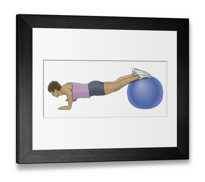 Framed Print : Illustration of woman performing press-ups with feet on large blue exercise ball Framed Print : Illustration of woman performing press-ups with feet on large blue exercise ball