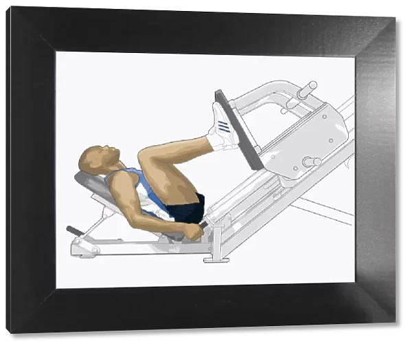 Illustration of man doing 45 degree leg presses in gym