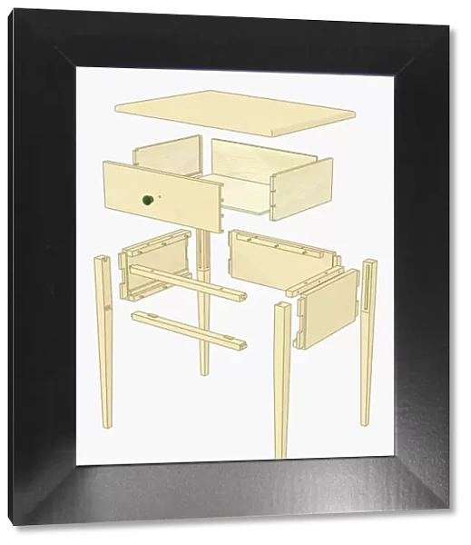 Illustration of exploded view of bedroom table with drawer