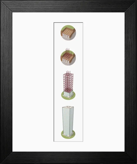Framed Print : Sequence of illustrations showing construction of skyscraper Framed Print : Sequence of illustrations showing construction of skyscraper