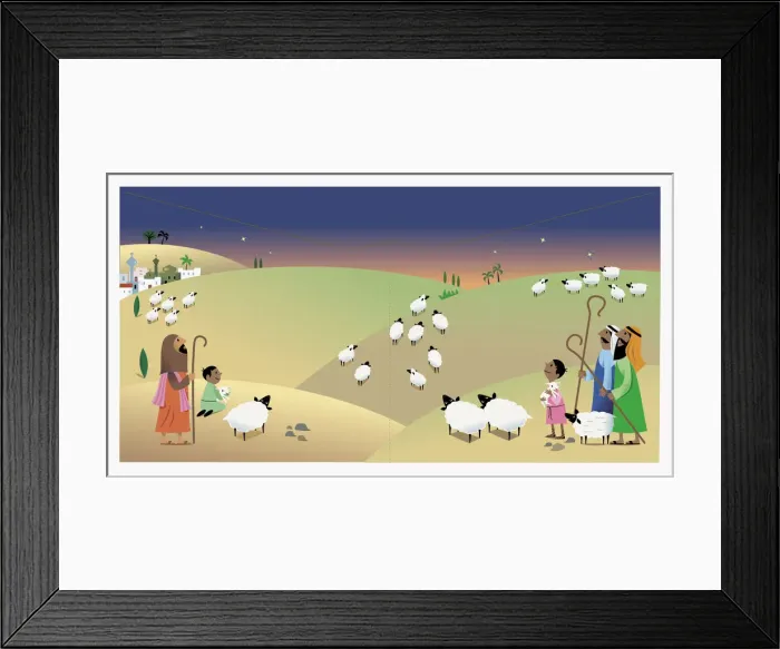 Framed Print : Digital Illustration of shepherds watching their flocks at night