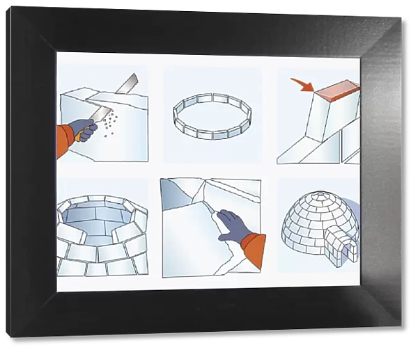 Series of illustrations showing how to construct an igloo