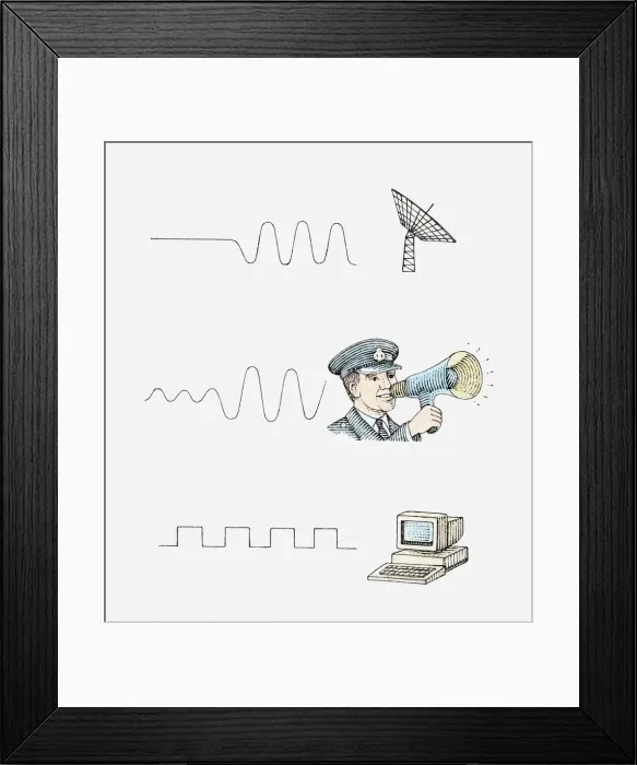 Framed Print : Series of illustrations showing oscillating current and radar telescope, sound wave and man using megaphone, radio waves and PC Framed Print : Series of illustrations showing oscillating current and radar telescope, sound wave and man using megaphone, radio waves and PC